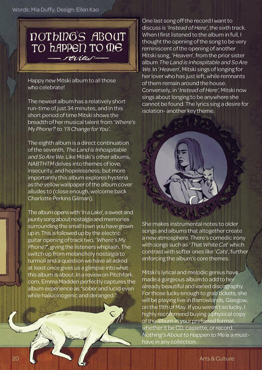 Nothing's About to Happen to me Review - article design/illustration for the Magdalen issue 117. Article by Mia Duffy.